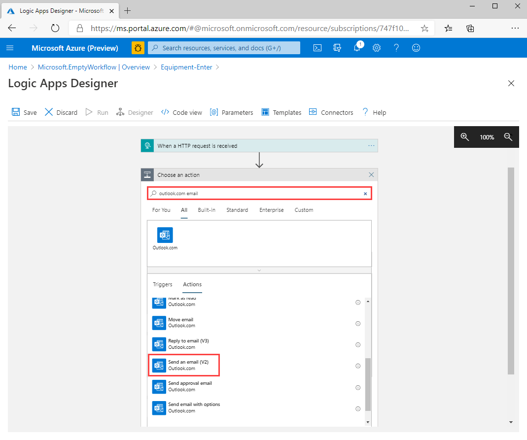 Screenshot of create a logic app designer.