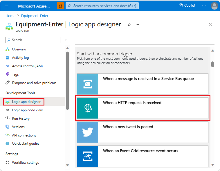 Screenshot of create a logic app HTTP trigger.