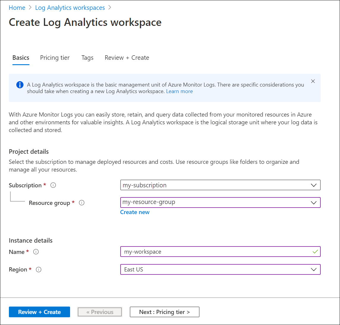 Screenshot, der die Felder zeigt, die auf der Registerkarte „Grundlagen“ des Bildschirms „Log Analytics-Arbeitsbereich erstellen“ ausgefüllt werden müssen.