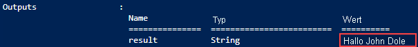Screenshot der Bereitstellungsskriptausgabe der Azure Resource Manager-Vorlage , **hello world**.