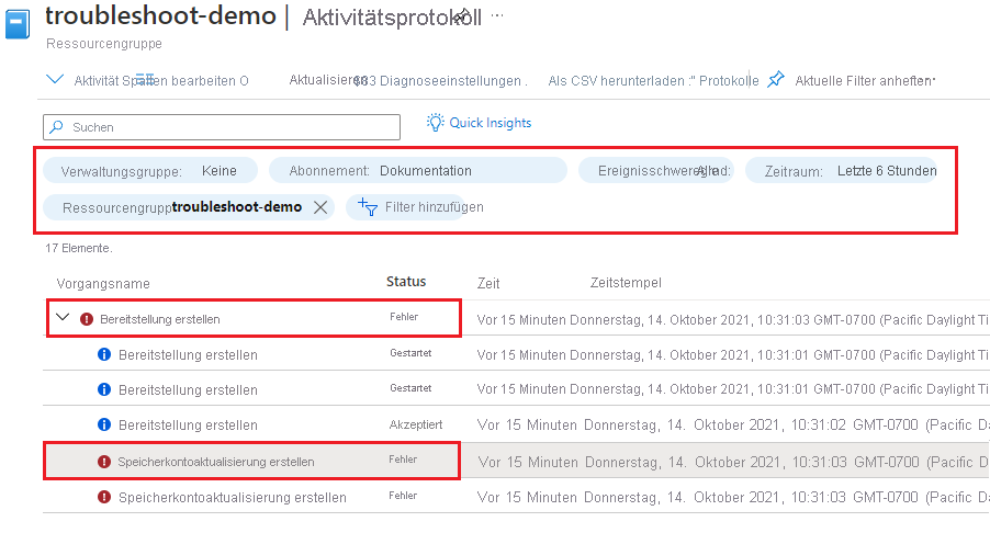 Screenshot des Ressourcengruppenaktivitätsprotokolls des Azure-Portals, in dem eine fehlgeschlagene Bereitstellung mit einem Fehlerprotokoll hervorgehoben wird.