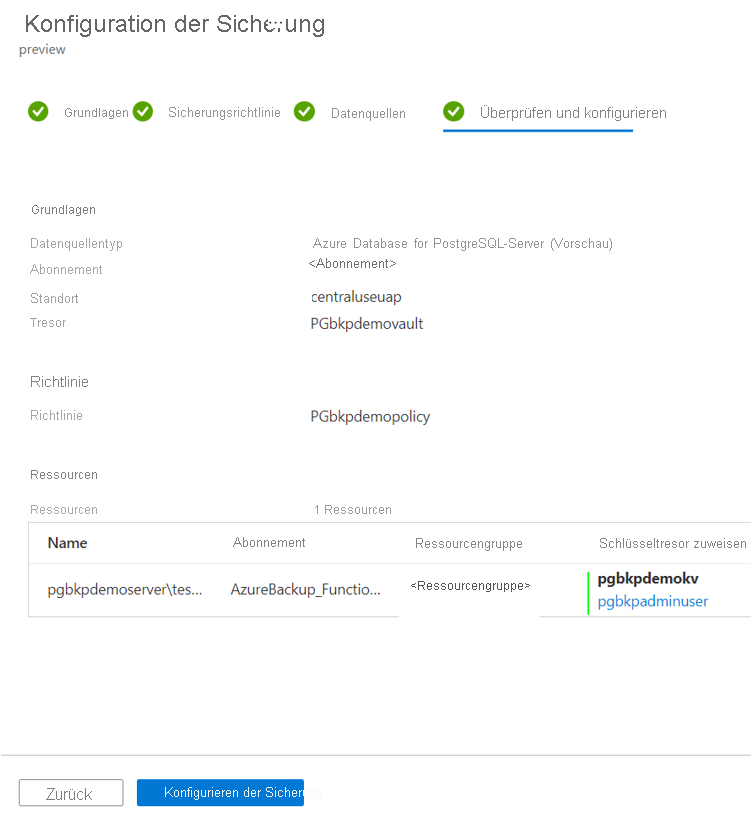 Screenshot der Registerkarte zum Überprüfen einer Sicherungskonfiguration.