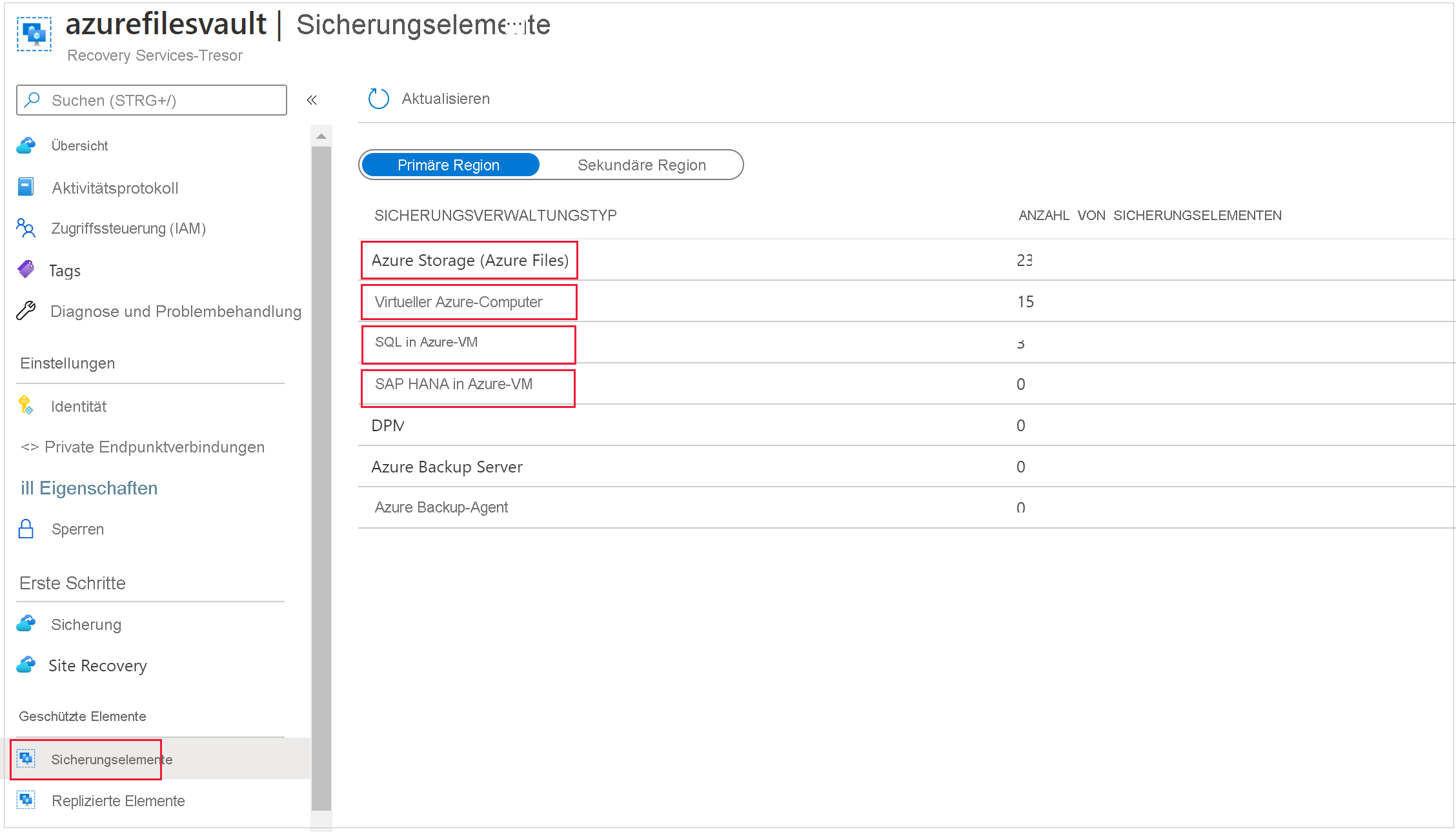Screenshot der Auswahl des Sicherungstyps.