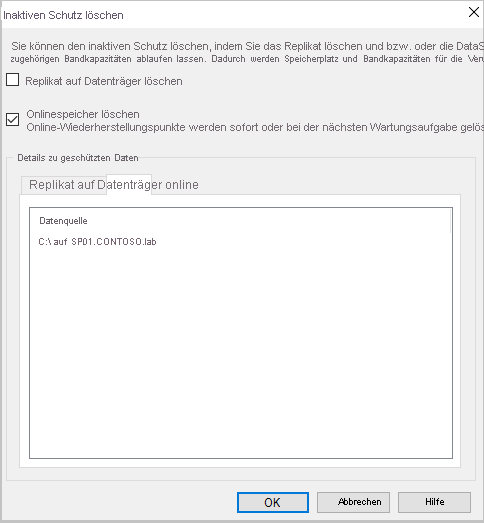 Screenshot, der das Löschen des Onlinespeichers zeigt.