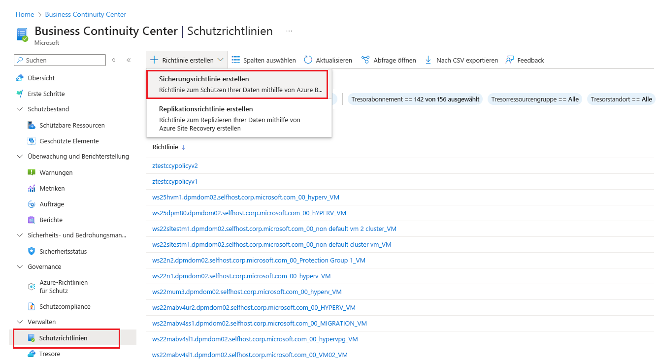 Screenshot zeigt die Option zum Starten der Erstellung einer neuen Sicherungsrichtlinie.