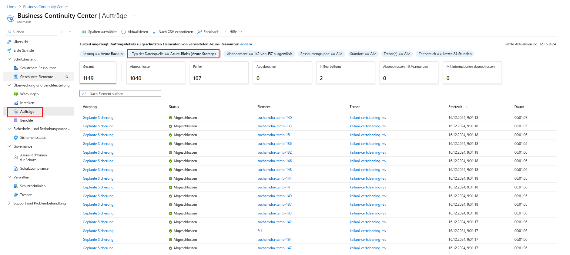 Screenshot: Liste der Aufträge