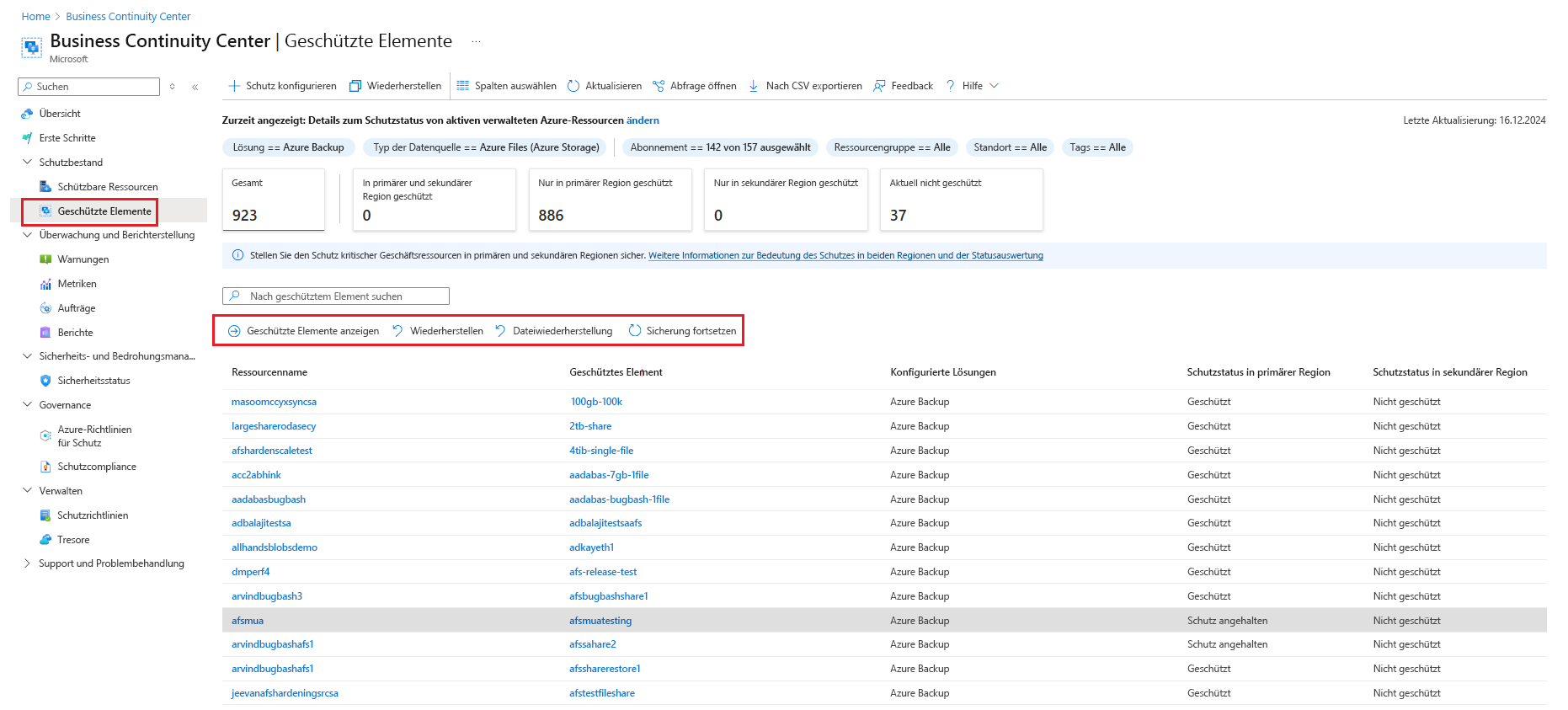 Ein Screenshot zeigt die Liste der Aktionen, die für das Element verfügbar sind, um den Schutz wieder aufzunehmen.