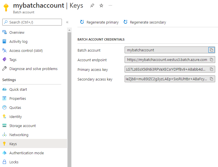 Screenshot der Batch-Kontoschlüssel im Azure-Portal.