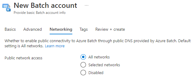 Screenshot der Netzwerkoptionen beim Erstellen eines Batch-Kontos.
