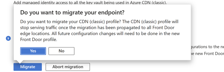 Screenshot der Migrations- und Bestätigungsschaltfläche für die Front Door-Migration.