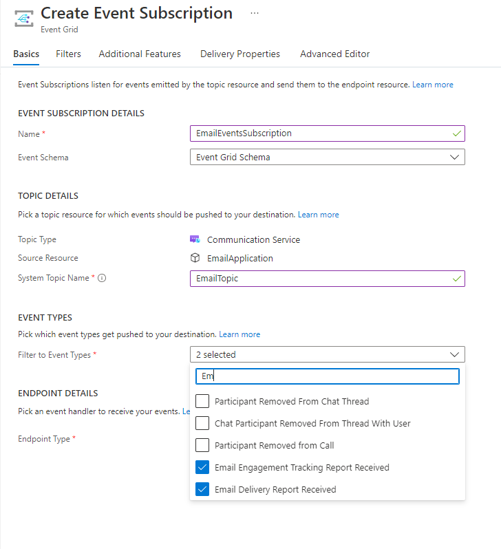 Screenshot: Dialogfeld „Ereignisabonnement erstellen“. Unter „Ereignistypen“ sind „Email Delivery Report Received“ (E-Mail-Zustellbericht empfangen) und „Email Engagement Tracking Report Received“ (Nachverfolgungsbericht zur E-Mail-Beteiligung) ausgewählt.