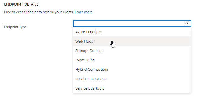 Screenshot showing the Endpoint Type field being set to Web Hook.