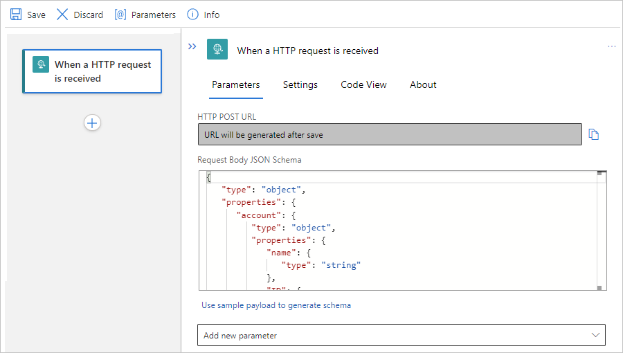 Screenshot showing Standard workflow and Request trigger with example JSON schema.