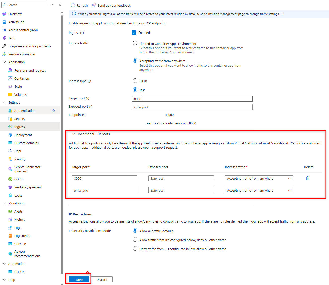 Screenshot des Hinzufügens zusätzlicher TCP-Ports für den Eingang von Container Apps über das Portal