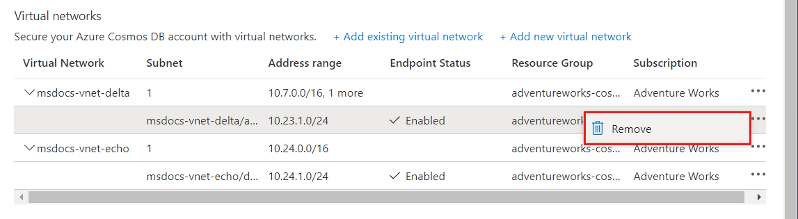 Screenshot der Menüoption zum Entfernen eines verbundenen virtuellen Azure-Netzwerks.