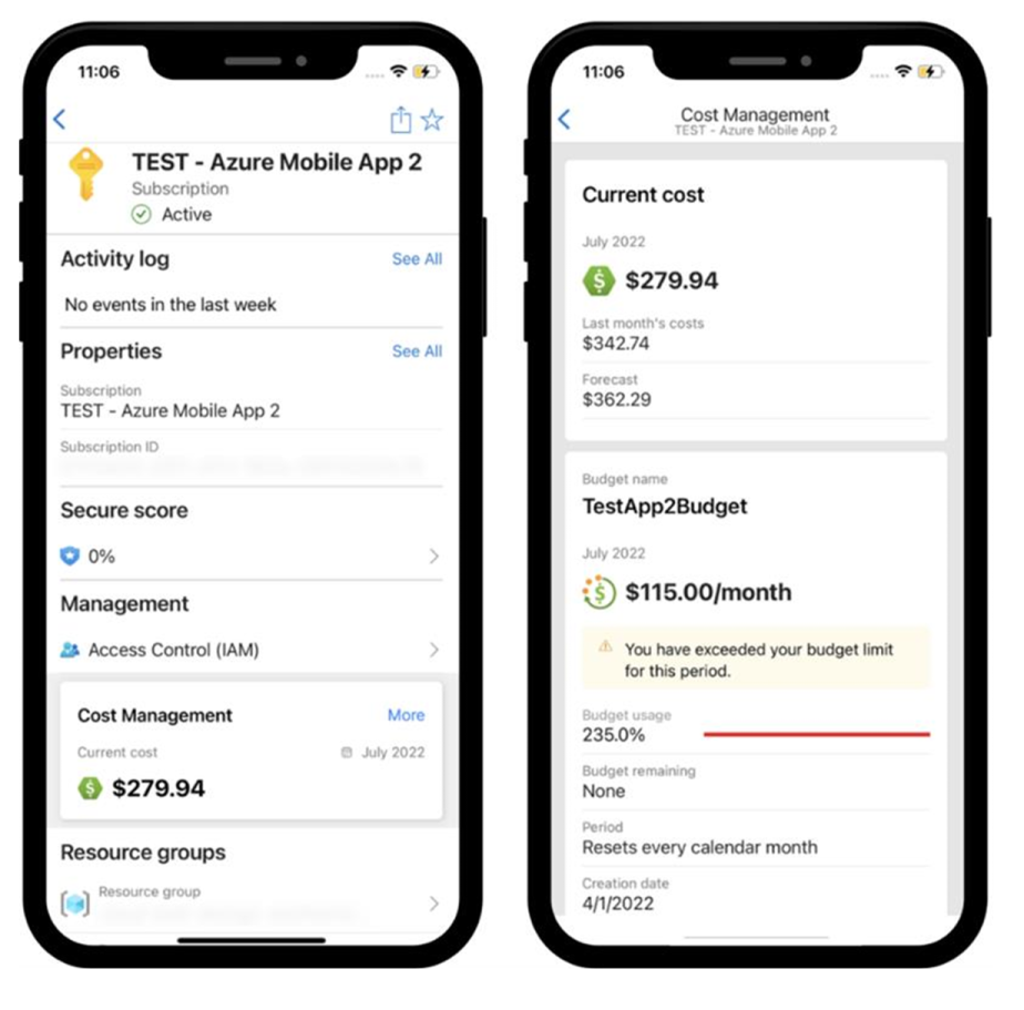Screenshot: Budgets in der Azure-App