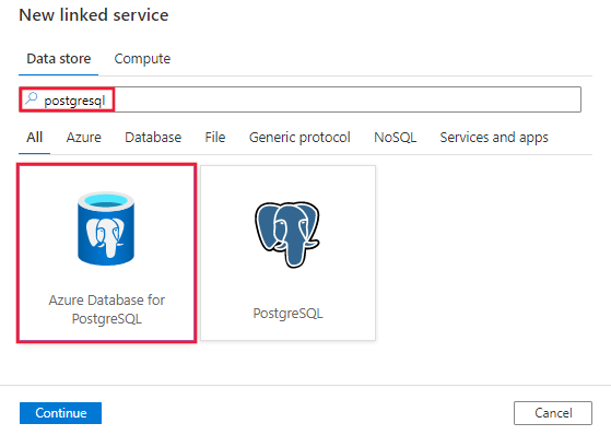 Auswahl der Azure Datenbank für PostgreSQL connector.