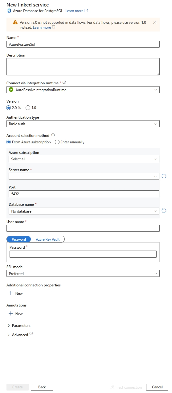 Konfigurieren Sie einen verknüpften Dienst für Azure-Datenbank für PostgreSQL.