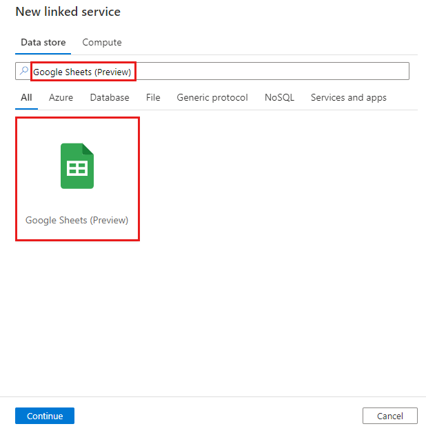 Screenshot der Auswahl des Google Sheets-Connectors.