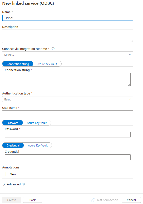 Screenshot von der Konfiguration eines verknüpften Dienstes für einen ODBC-Datenspeicher.