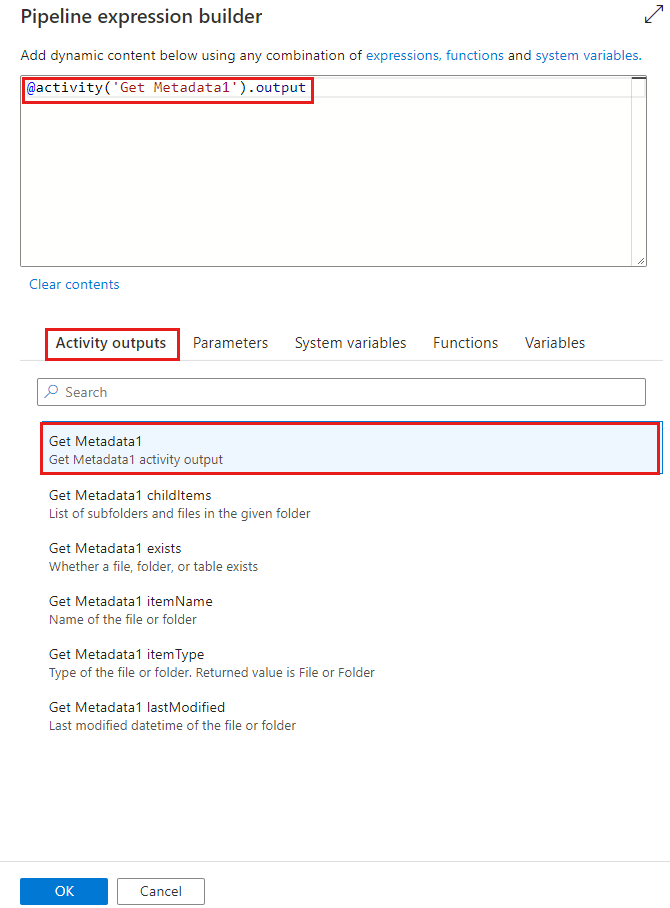 Shows the dynamic content editor with the output of the Get Metadata activity as the dynamic content.