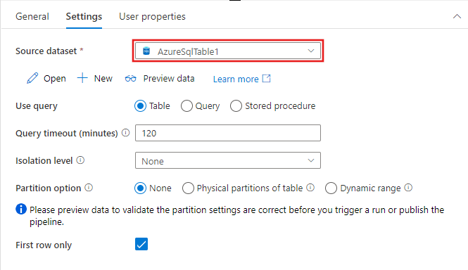  Zeigt die Konfigurationsoptionen in der Nachschlageaktivität für ein Azure SQL Tabellen-Dataset.