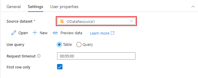 Zeigt die Konfigurationsoptionen in der Lookup-Aktivität für ein OData-Dataset an.
