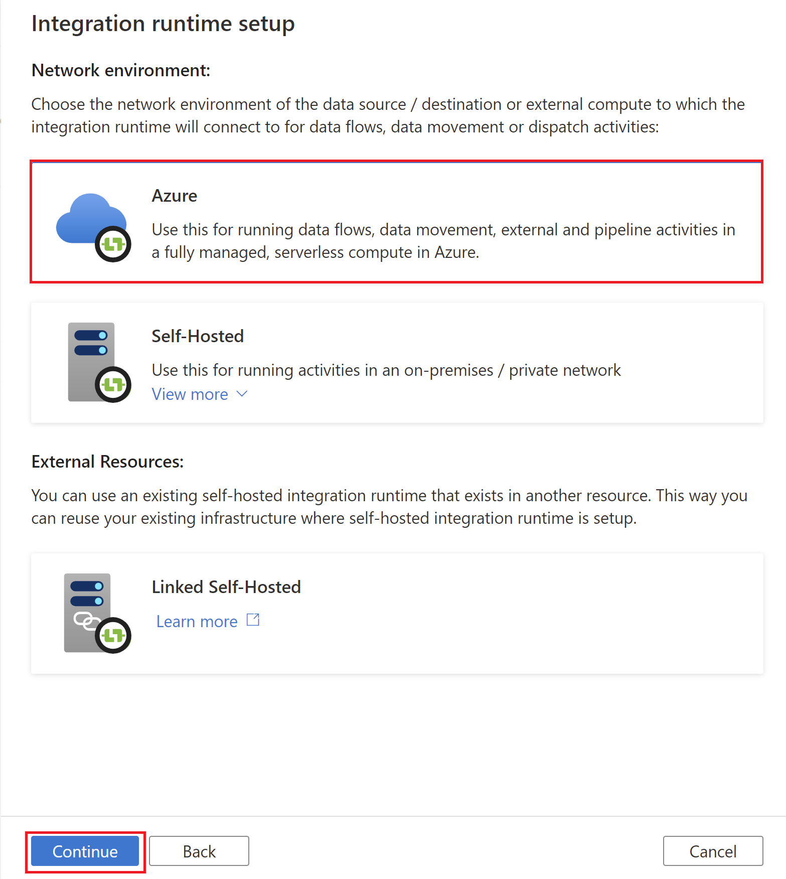 Screenshot zum Erstellen einer Azure Integration Runtime