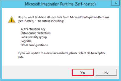 Screenshot der Schaltfläche "Ja" zum Löschen aller Benutzerdaten aus der Integration Runtime.