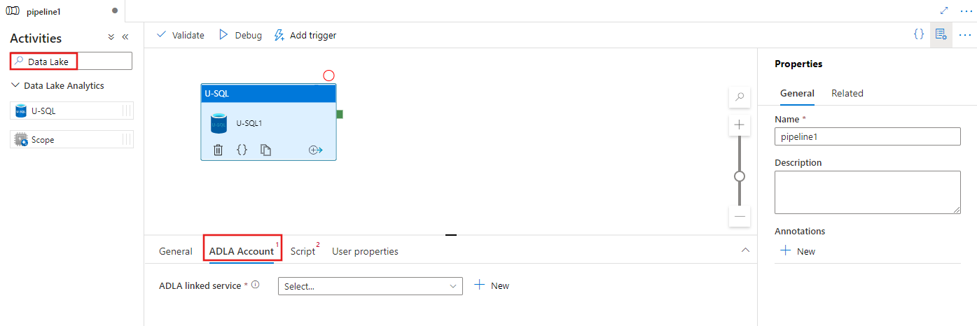 Shows the UI for a U-SQL activity.