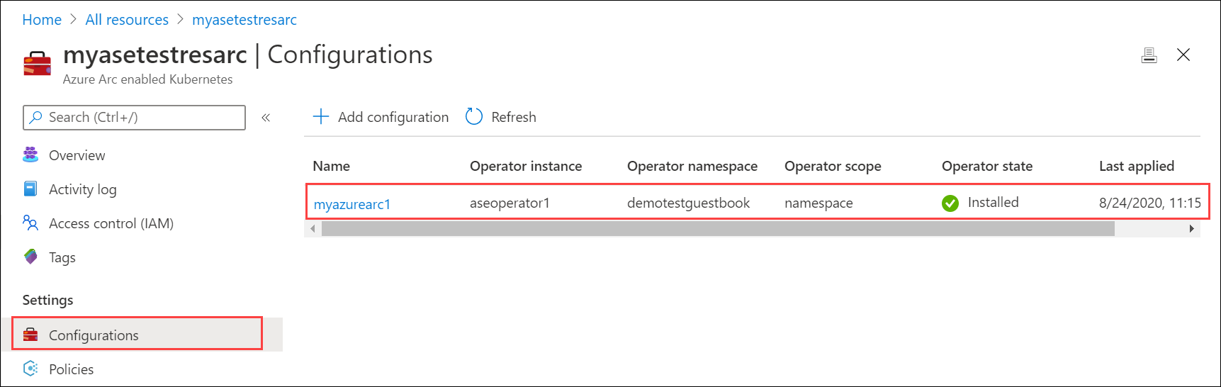 Screenshot des Azure Arc-fähigen Kubernetes-Clusters in einem installierten Zustand.