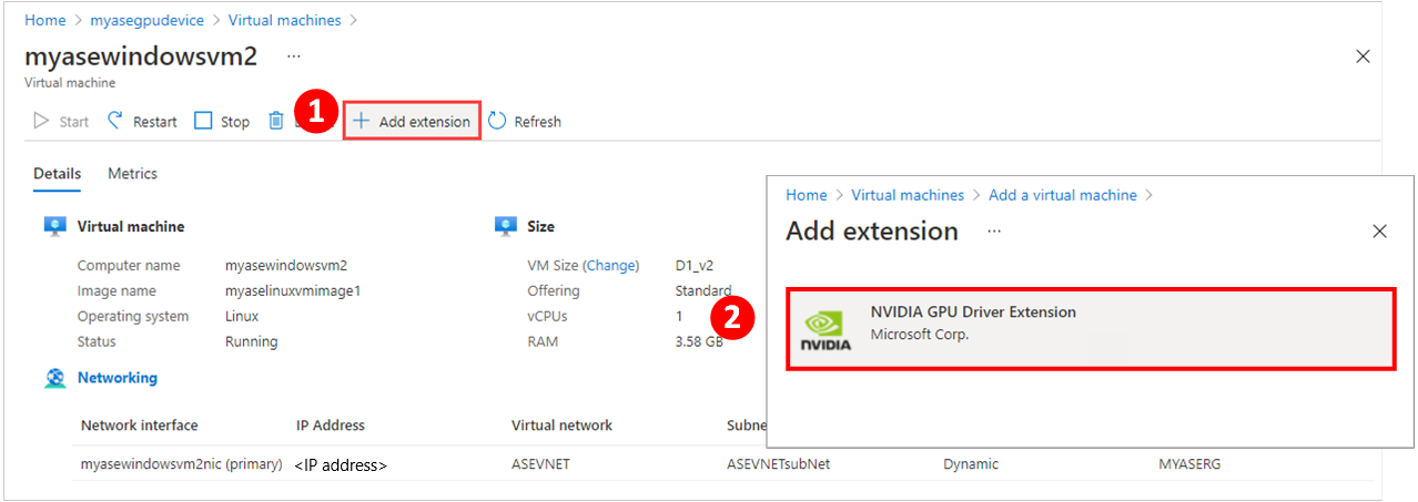 Abbildung der zwei Schritte zur Verwendung der Schaltfläche „+&nbsp;Erweiterung hinzufügen“ im Bereich „Details“ des virtuellen Computers, um einer VM auf einem Azure Stack Edge-Gerät eine GPU-Erweiterung hinzuzufügen.