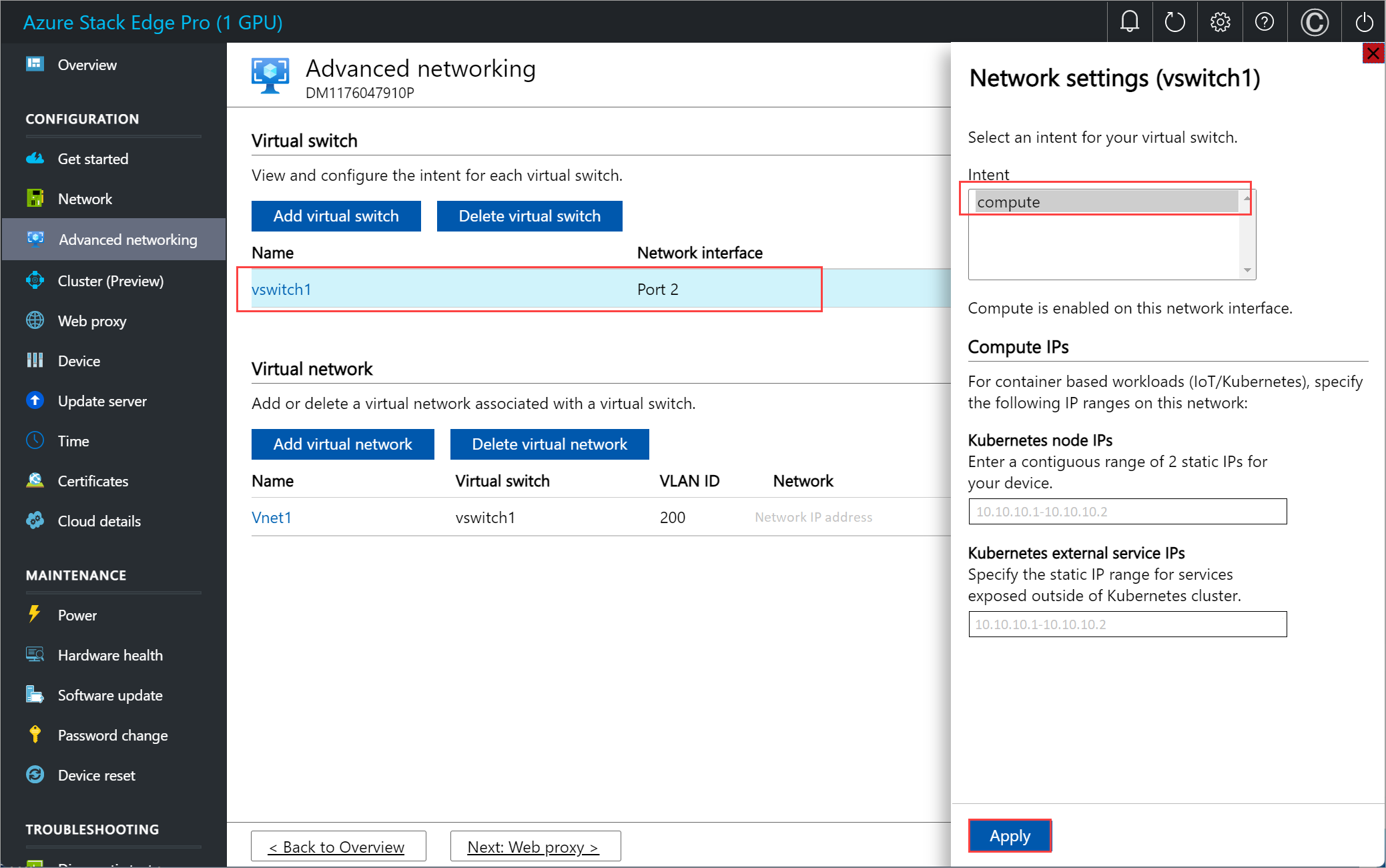 Screenshot: Bereich „Erweitertes Netzwerk“ für ein Azure Stack Edge-Gerät mit hervorgehobenen Netzwerkeinstellungen für Port 2