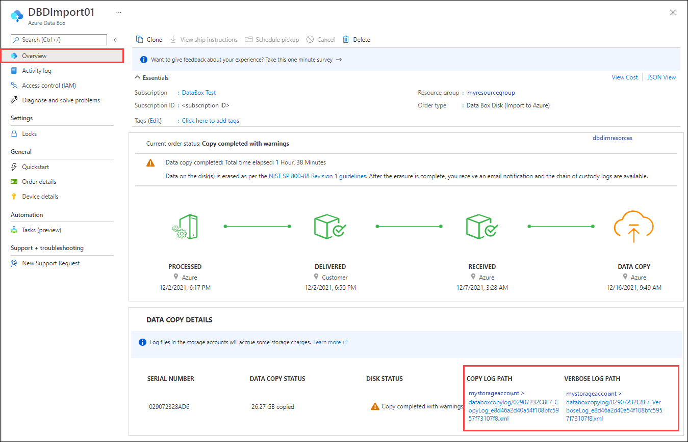 Screenshot: Bereich „Übersicht“ für einen Data Box Disk-Auftrag mit dem Status „Der Kopiervorgang wurde mit Warnungen abgeschlossen“ und hervorgehobenen Einträgen unter „Protokollpfad kopieren“ und „Pfad zum ausführlichen Protokoll“.