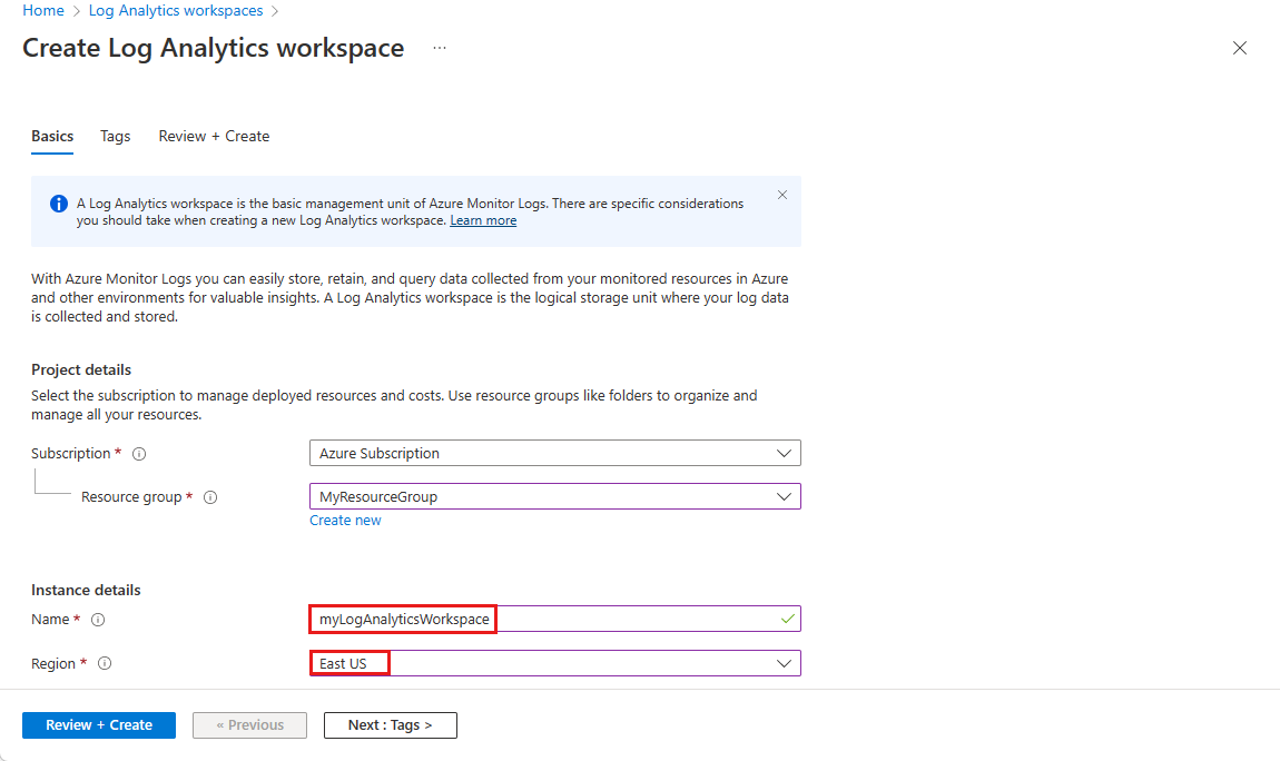 Screenshot der Konfiguration eines Log Analytics-Arbeitsbereichs