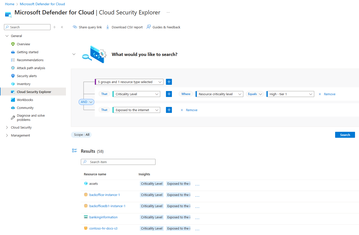 Screenshot der Seite „Cloudsicherheits-Explorer“ mit Abfrage für kritische Ressourcen.