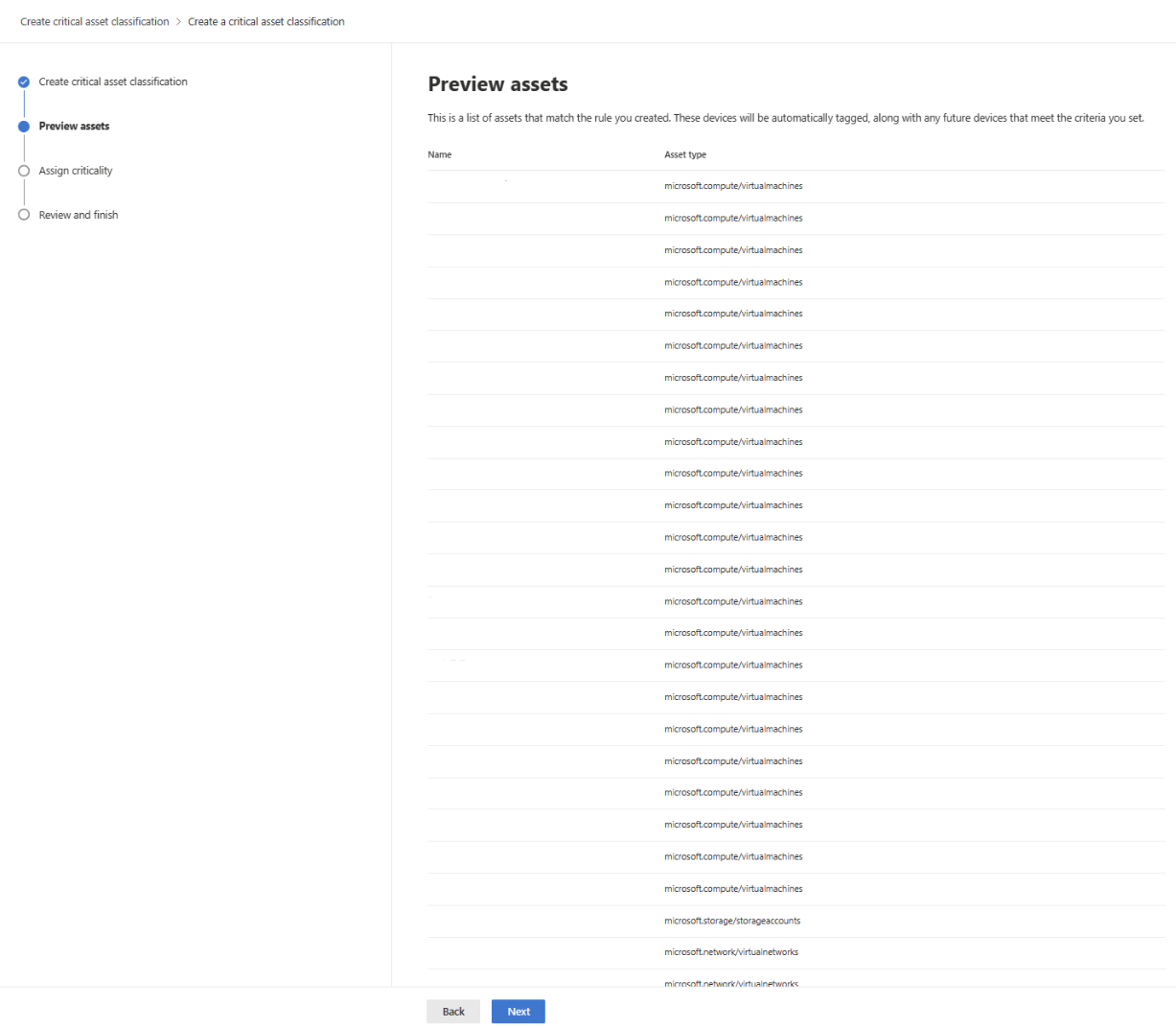 Screenshot der Seite „Ressourcenvorschau“ mit einer Liste aller Ressourcen, die der Regel entsprechen.