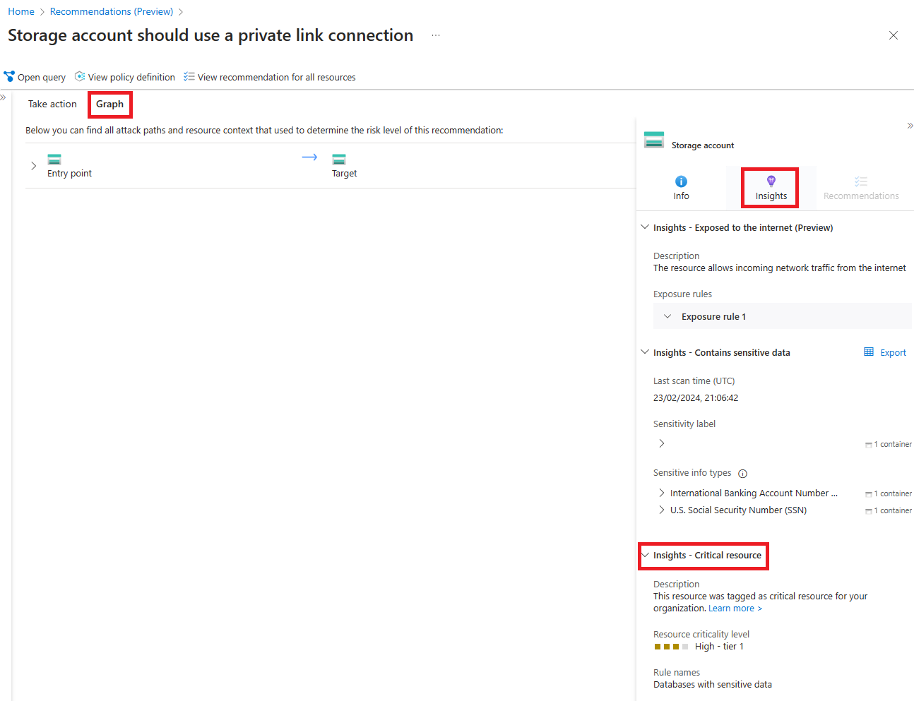 Screenshot von Erkenntnissen zu kritischen Ressourcen für Empfehlungen.