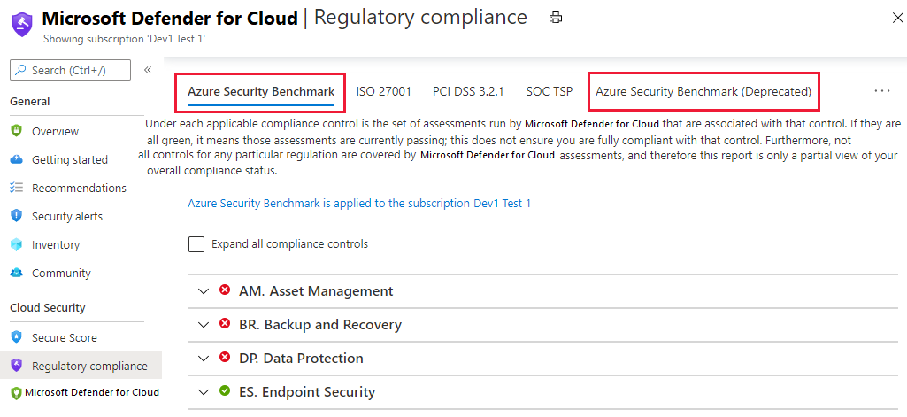 Azure Security Center-Dashboard für die Einhaltung gesetzlicher Bestimmungen mit dem Vergleichstest für die Azure-Sicherheit