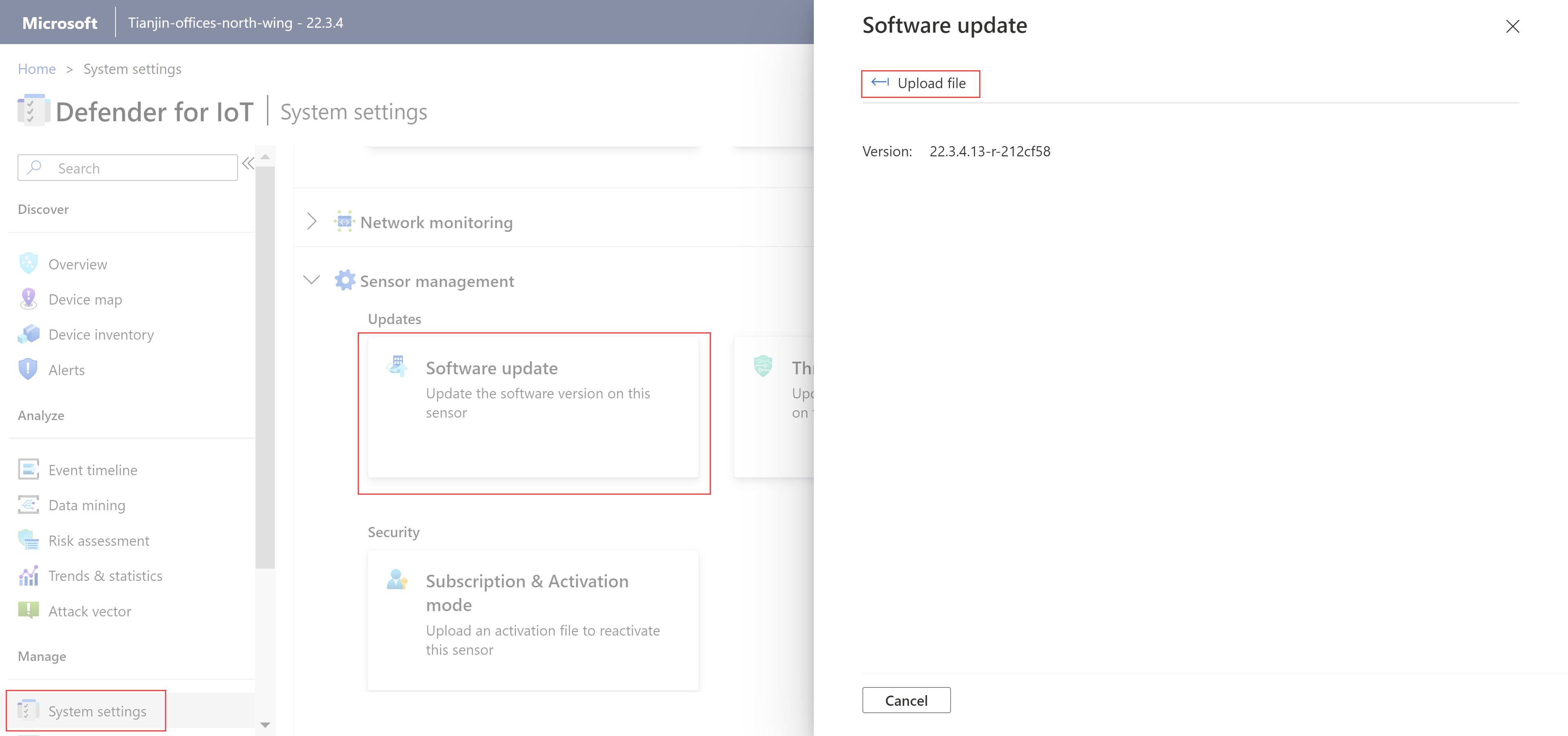 Screenshot: Bereich „Softwareupdate“ auf dem OT-Sensor