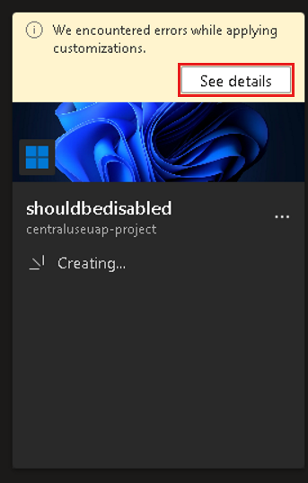 Screenshot einer Kachel des Entwicklerfelds mit der Meldung 