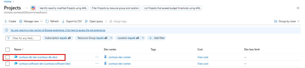Screenshot: Liste der vorhandenen Projekte