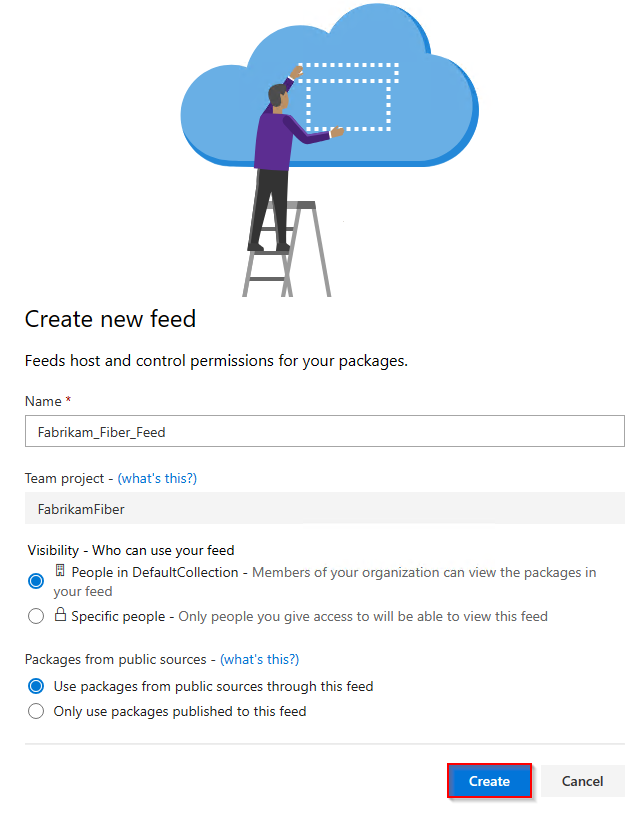 Screenshot, der zeigt, wie Sie einen neuen Feed in Azure DevOps Server 2019 erstellen.