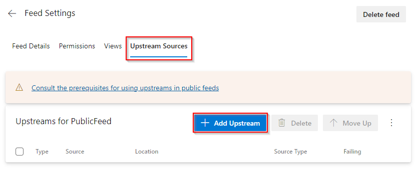 Screenshot, der zeigt, wie Sie eine Upstreamquelle in einem öffentlichen Feed hinzufügen.