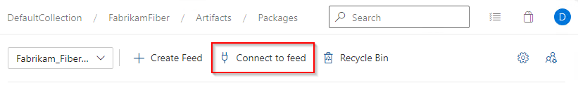 Screenshot, der zeigt, wie Eine Verbindung mit einem Feed in Azure DevOps Server 2020.1 hergestellt wird.