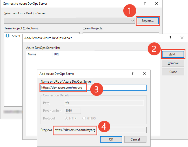 Screenshot der Unterdialoge von Connect to Azure DevOps Server zum Hinzufügen oder Entfernen eines Servers.