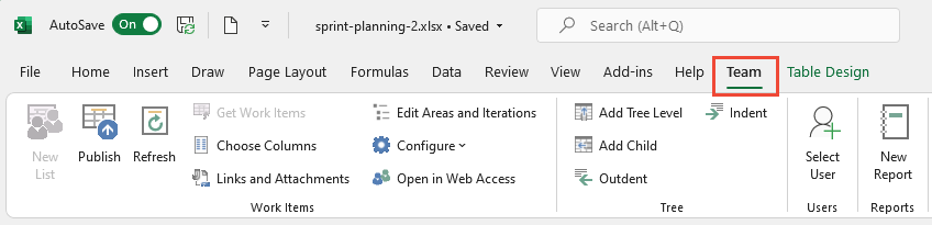 Screenshot: Excel TFS-Office-Integrationsteam-Menüband.