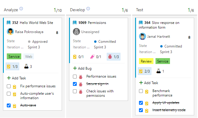 Screenshot: Kanban-Board auf Produktebene mit drei Arbeitselementen und untergeordneten Listen