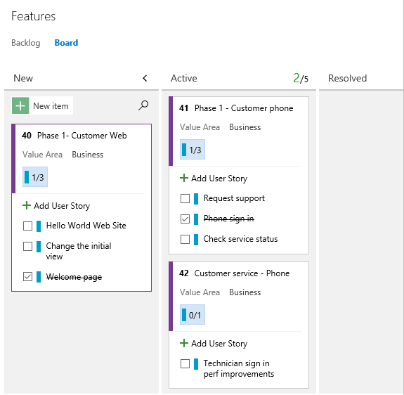 Webportal, Features-Kanban-Board mit mehreren definierten User Storys