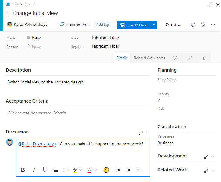 Screenshot mit Details im Diskussionsfeld im Arbeitsaufgabenformular 